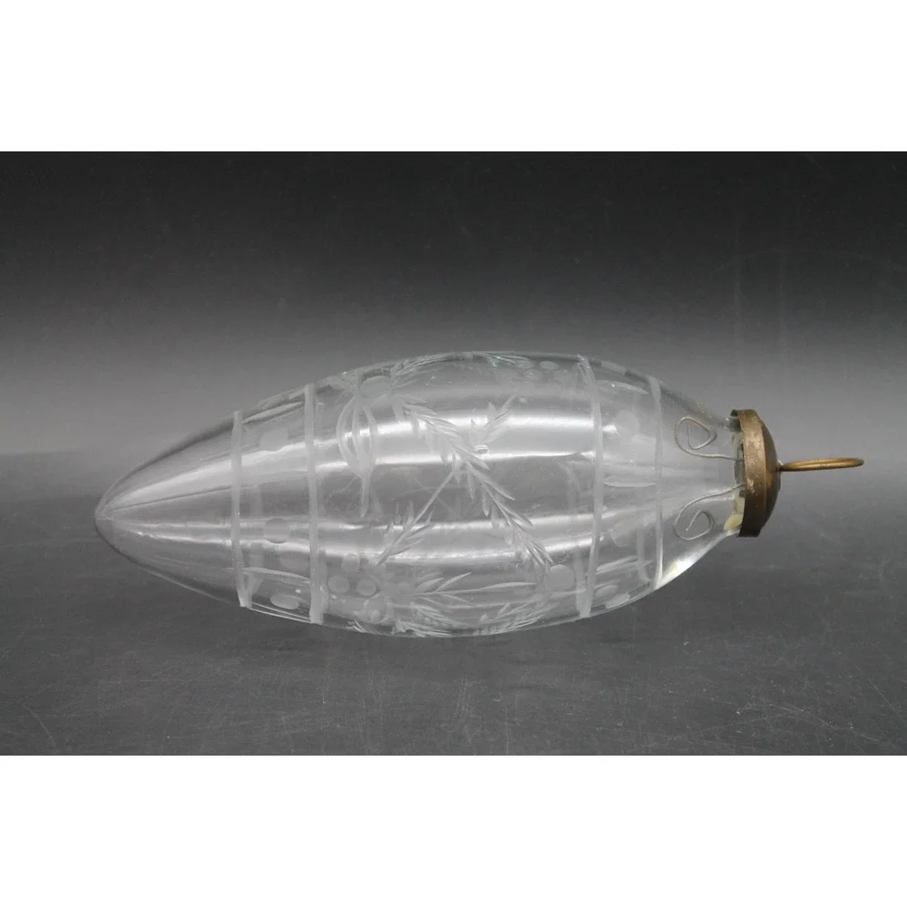 Vintage Etched Clear Glass Christmas Teardrop Ornament Brass Cap 7.5 Inch